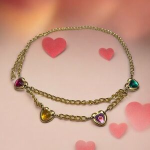 Vintage Gold Chain Belt with Multicolor Heart Charm Assents